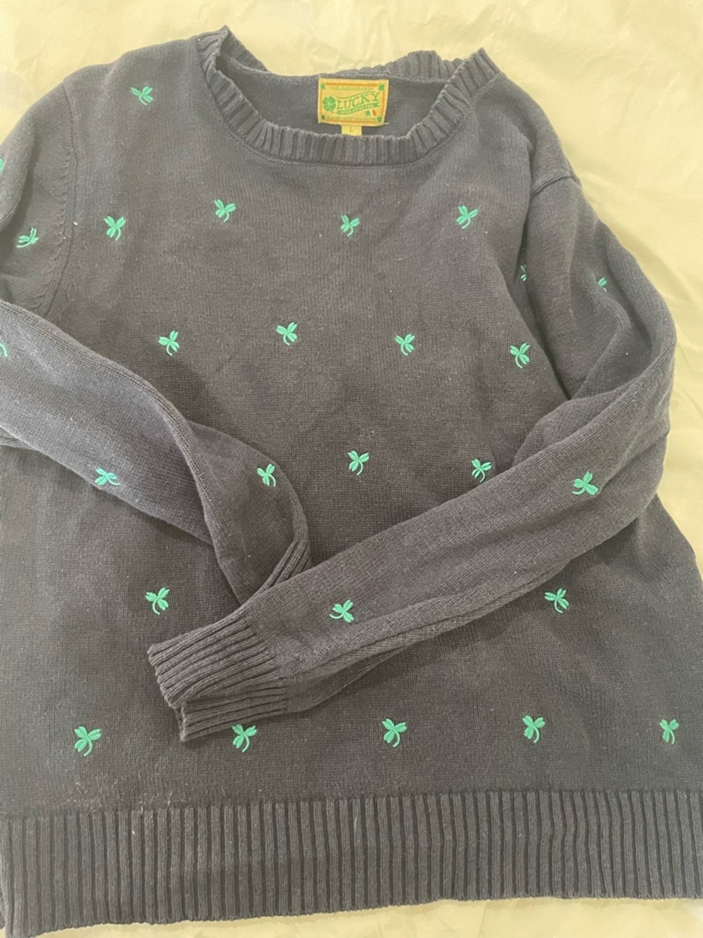 Lucky Brand Navy Crewneck Sweater with Mint Embroidered Motifs